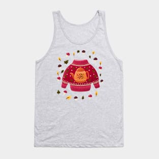 Christmas holiday sweater with tea kettle, leaves and mushrooms. Colorful winter festive illustration. Tank Top